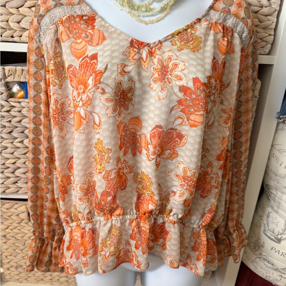 Cato Floral Blouse - Orange and Cream